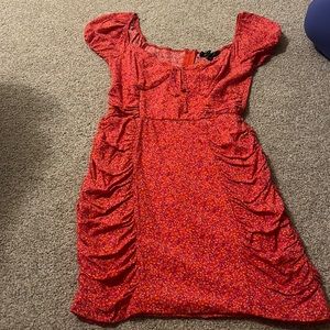Red and Pink Floral Ruched Mini Dress - Size Small